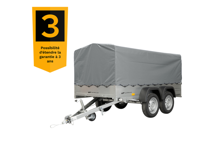 remorque double essieux unitrailer 264/2 kipp avec roue jockey, arceau et bâche grise – Image 1